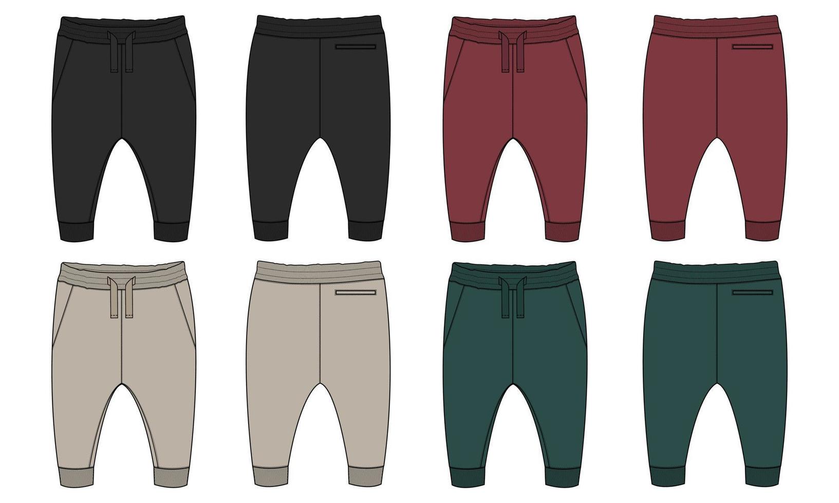 Fleece cotton jersey basic Sweat pant technical fashion flat sketch template front and back views. vector