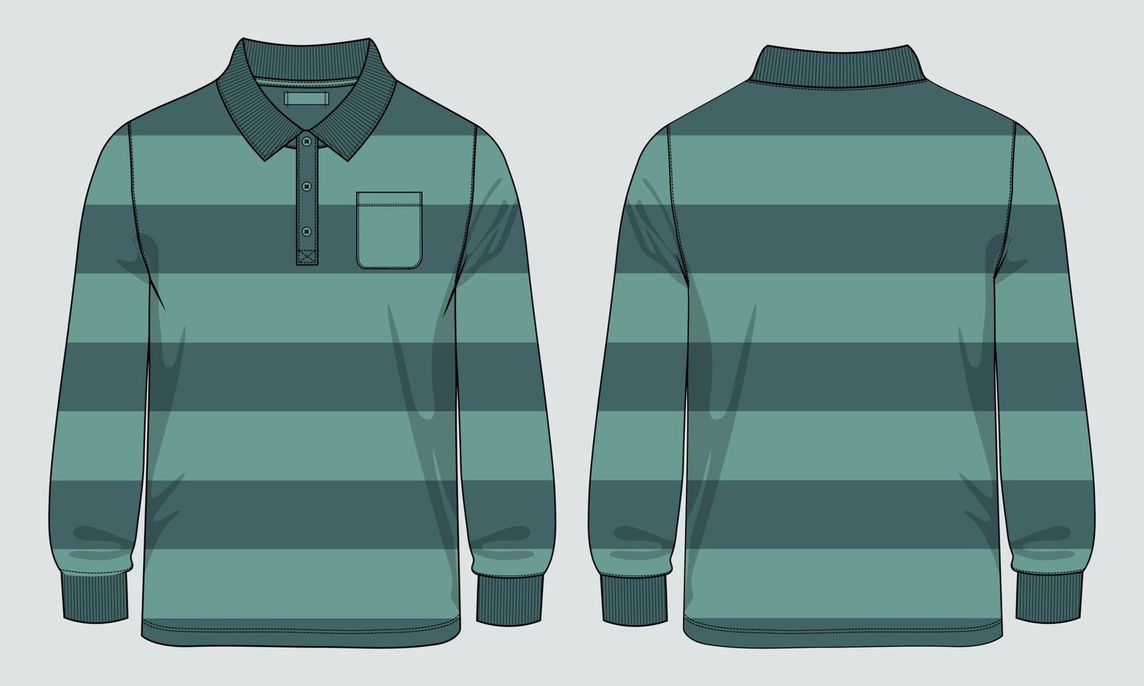 polo Shirt with Yarn dye Stripe and pocket technical Fashion flat sketch Vector Illustration Drawing Template Front And back views