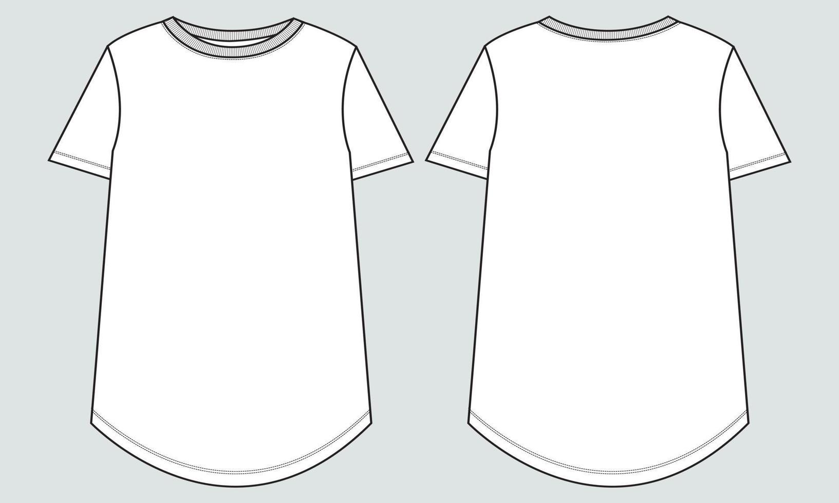 plantilla de moda de boceto técnico de camiseta de manga corta para mujeres. ilustración de arte vectorial ropa simulada vistas frontal y posterior vector