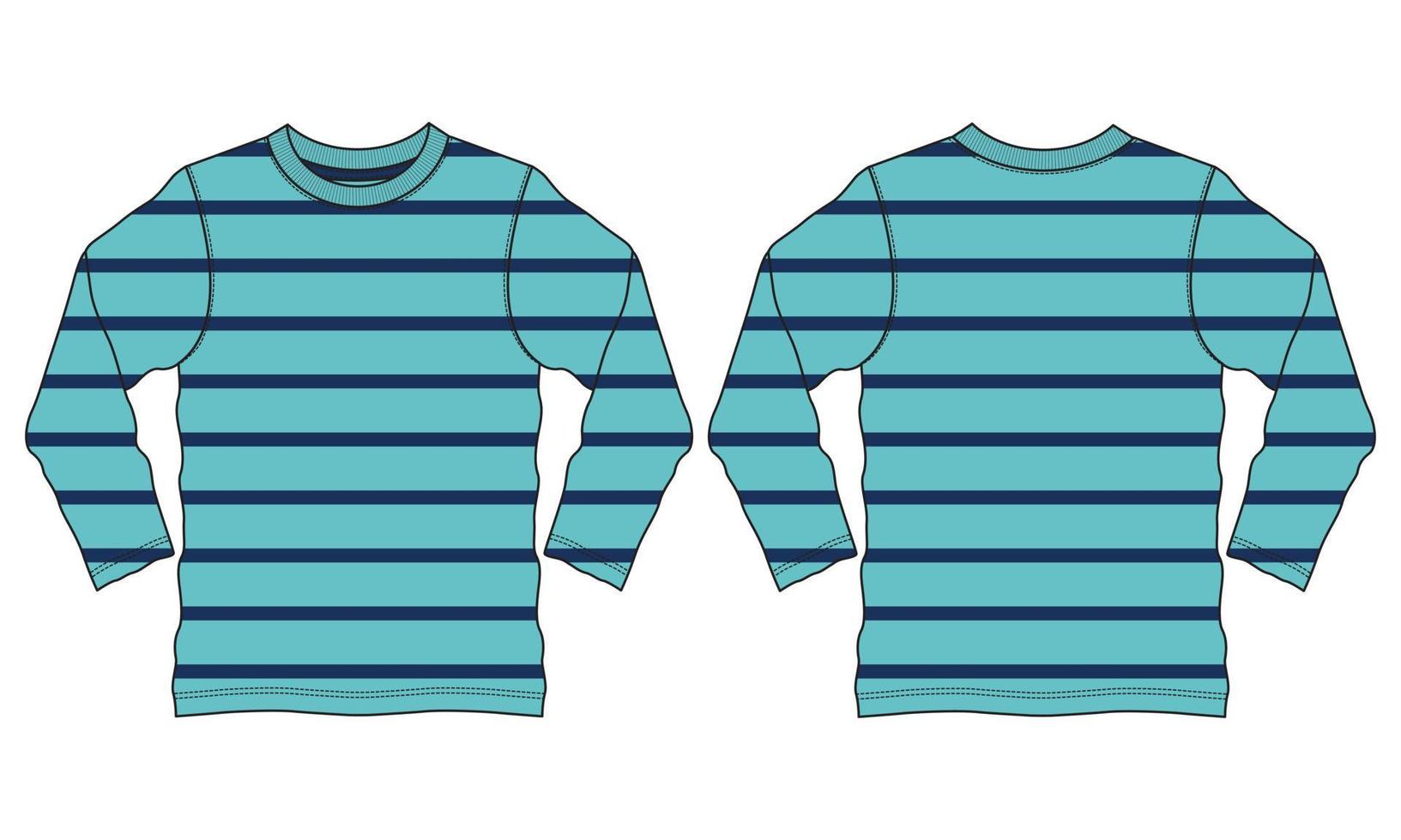 Long Sleeve T shirt with Yarn dyed Stripe All Over Body Technical Fashion Flat sketch Vector Illustration Template Front And Back Views.
