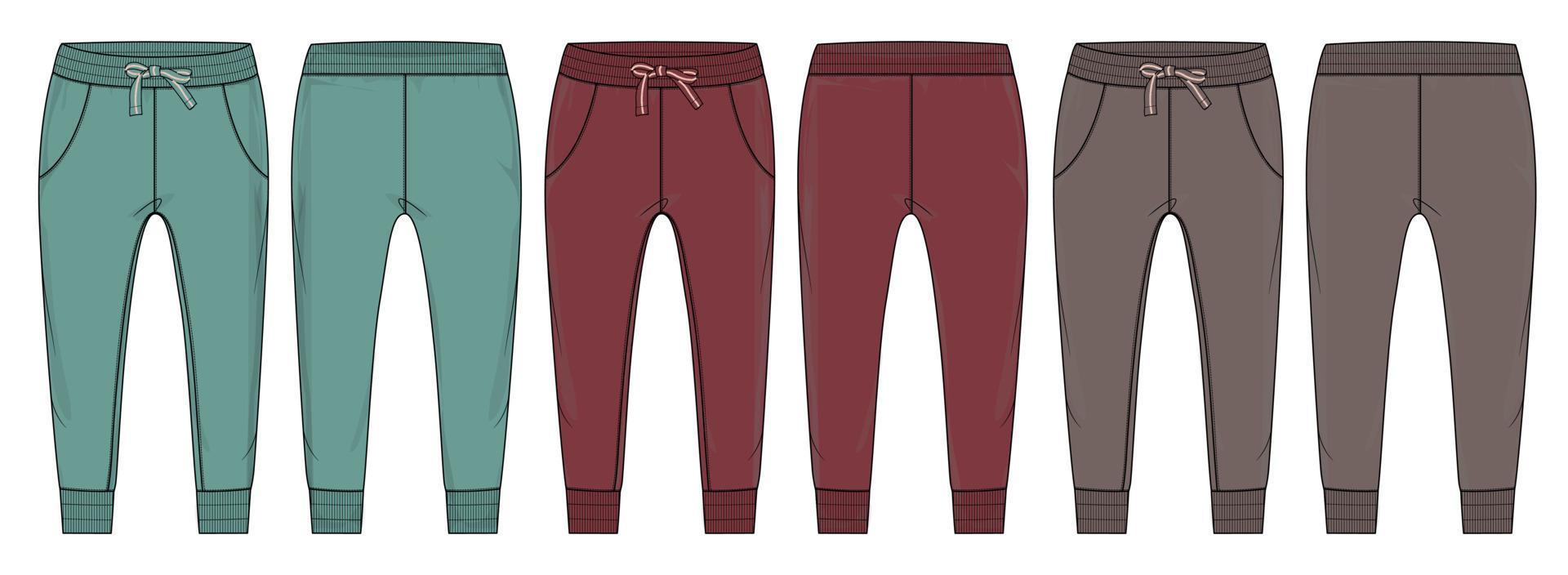 pantalones de chándal jogger de tela polar técnica moda plana dibujo vector ilustración plantilla frontal, vistas traseras.