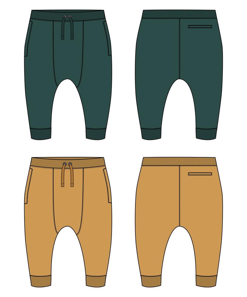 Fleece cotton jersey basic Sweat pant technical fashion flat sketch template front and back views. vector