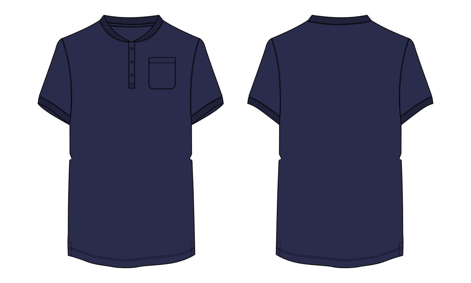 camiseta de manga corta con vistas frontales y traseras de la plantilla de ilustración vectorial de boceto plano de moda técnica de bolsillo. vector