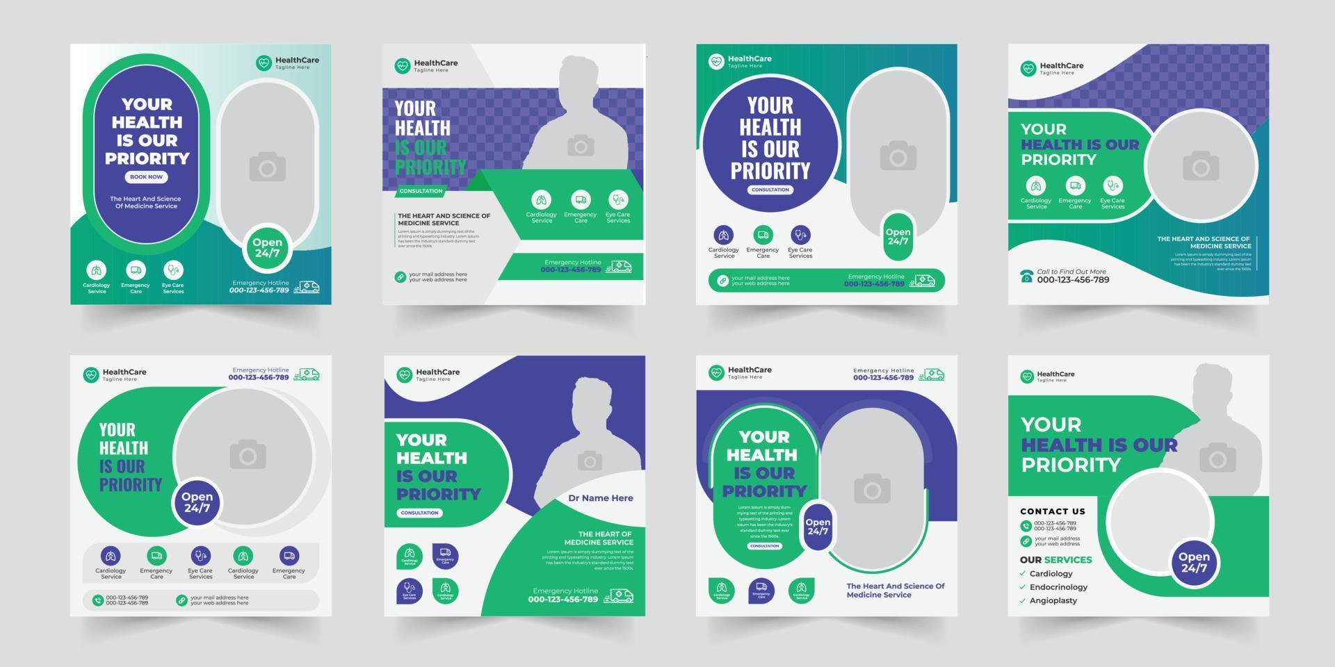 Medical healthcare service Social Media Post Template, hospital clinic promotion web banner, medical social media post, business promotion banner for doctor, medical social media post set vector