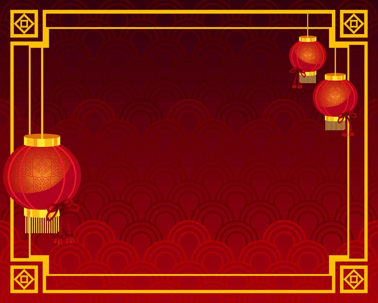 chinese red background template frame traditional with red lantern vector