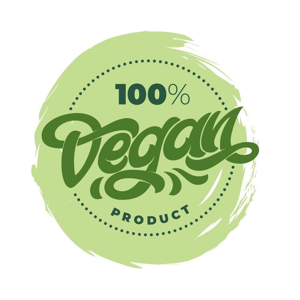 100 VEGAN PRODUCT Vector Lettering Stamp Illustration on white isolated background. Handwritten lettering for restaurant, cafe menu. Vector elements for labels, logos, badges, stickers or icons.