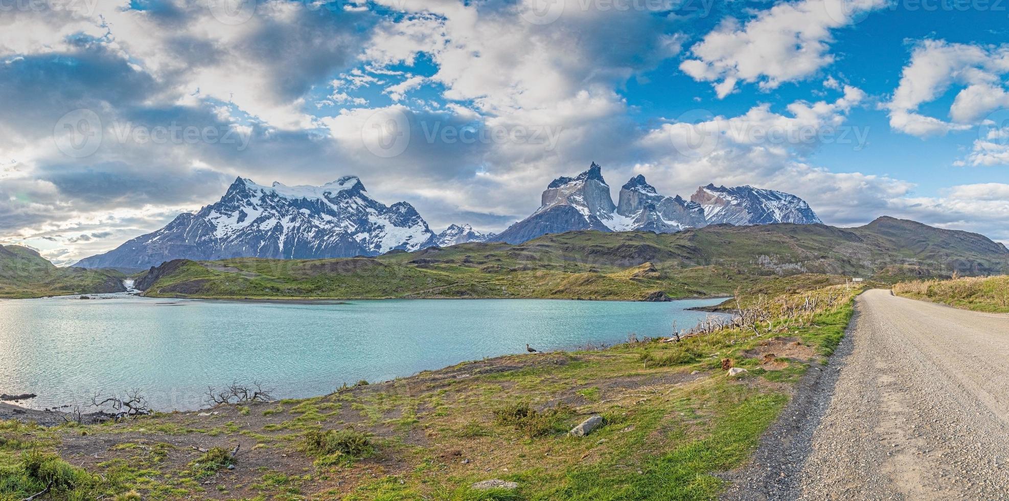 Panoramic image of the mountain massif in Torres del Paine National Park in chilean part of Patagonia photo