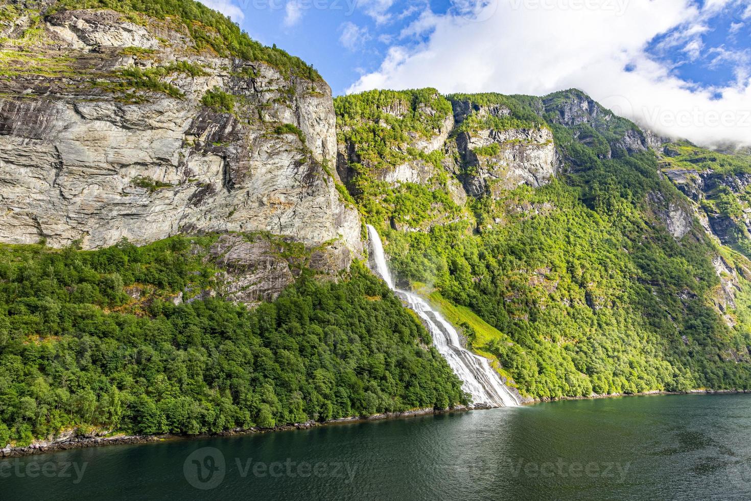 View on Friarfossen waterfall in Geiranger fjord from cruise ship in summer photo