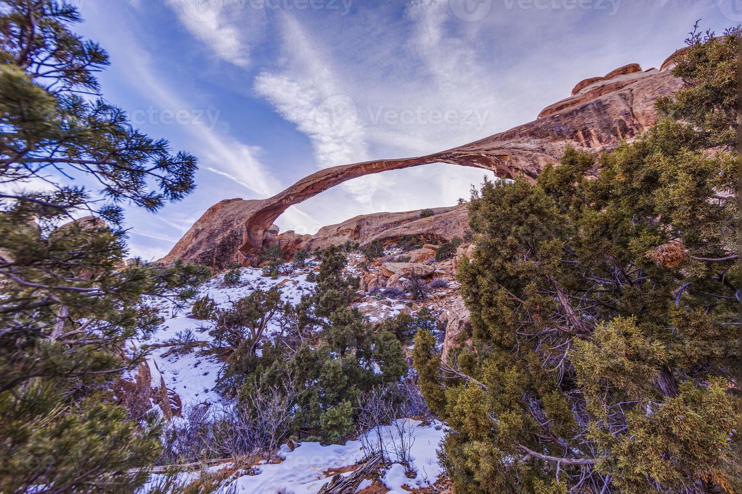 Panoramic picture of natural and geological wonders of Arches national park in Utah in winter photo