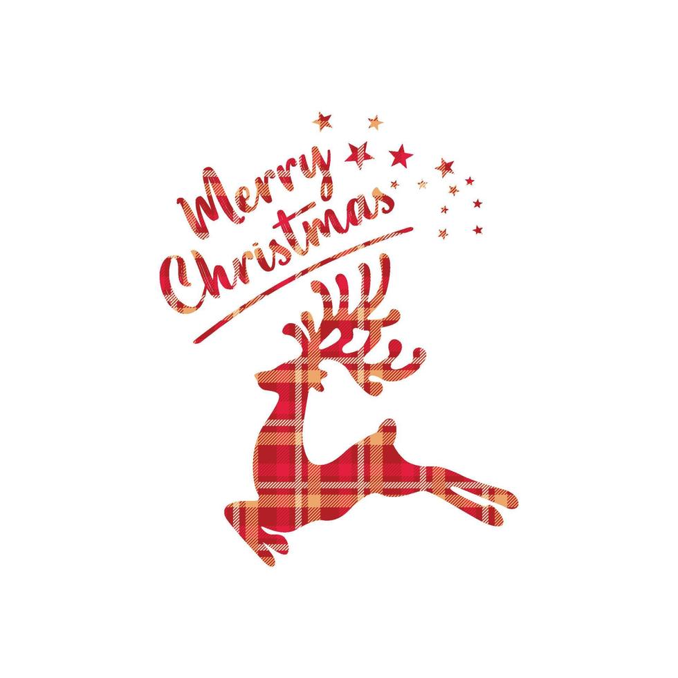Christmas lettering. Merry Christmas Print Design Vector illustration. Vector reindeer silhouette drawing illustration with checkered seamless pattern background texture.