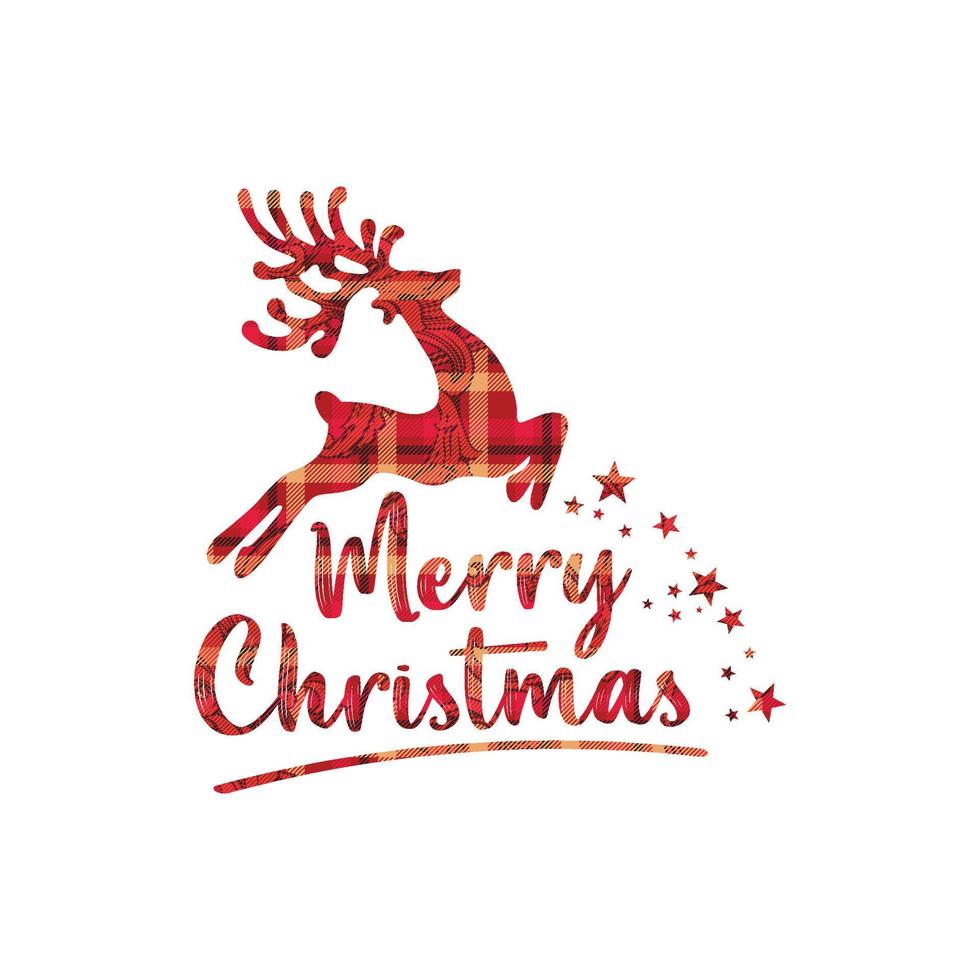 Christmas lettering. Merry Christmas Print Design Vector illustration. Vector reindeer silhouette drawing illustration with checkered seamless pattern background texture.