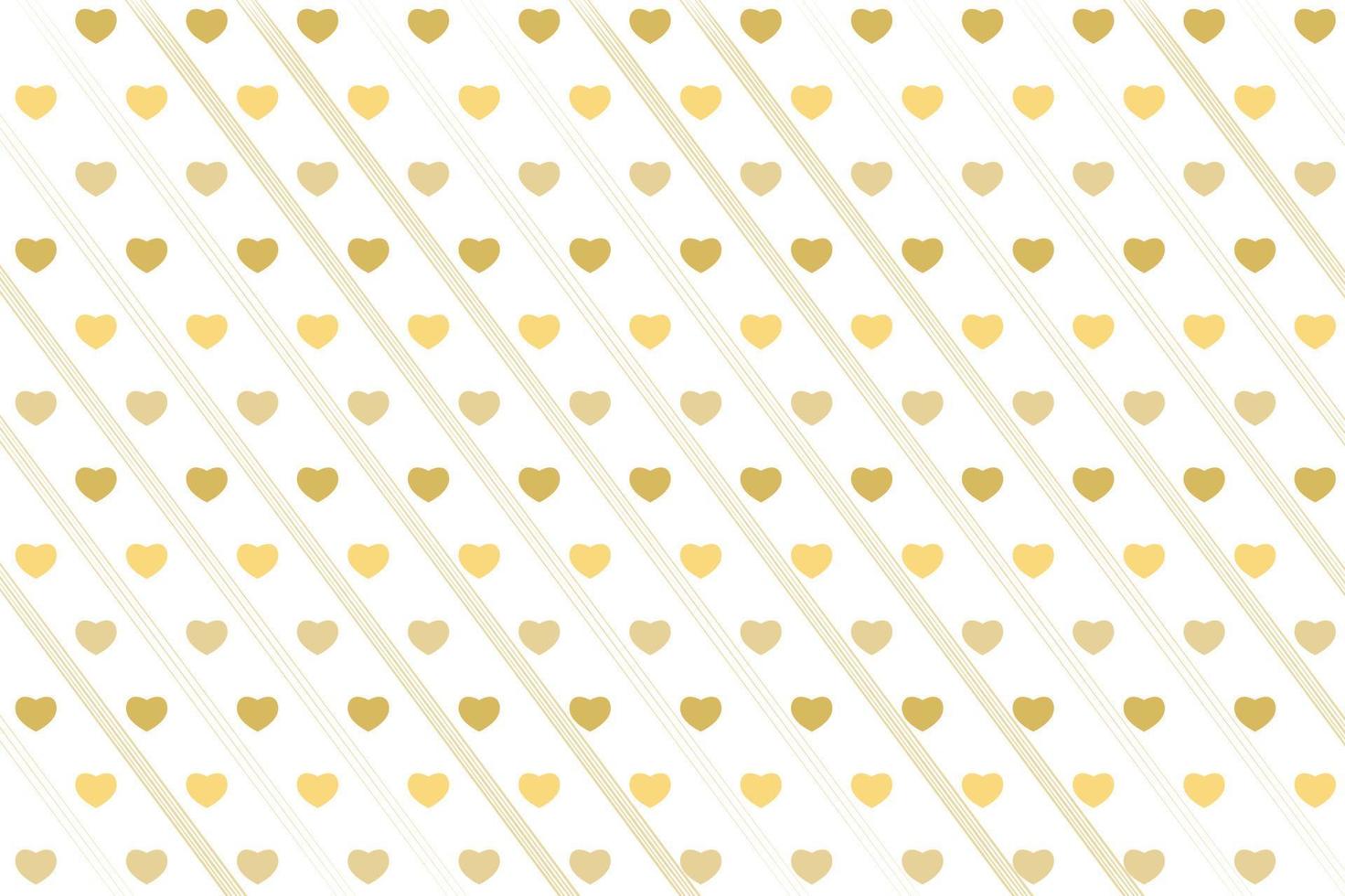 Seamless pattern of gold hearts on golden lines striped background. Pattern for Valentine's day or wedding background, festive banner, invitation, postcard, save the date card. Vector illustration.