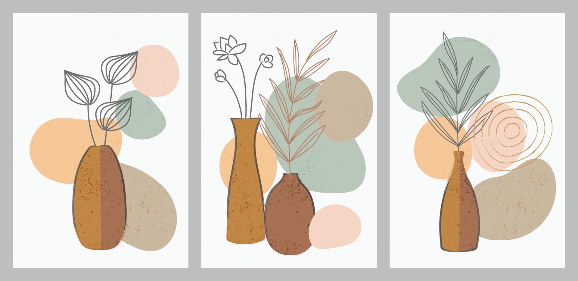 conjunto de vectores botánicos de arte de pared. Dibujo de arte de línea floral y follaje con forma abstracta. Diseño de arte abstracto de plantas para impresión, portada, papel tapiz, arte de pared minimalista y natural. ilustración vectorial.