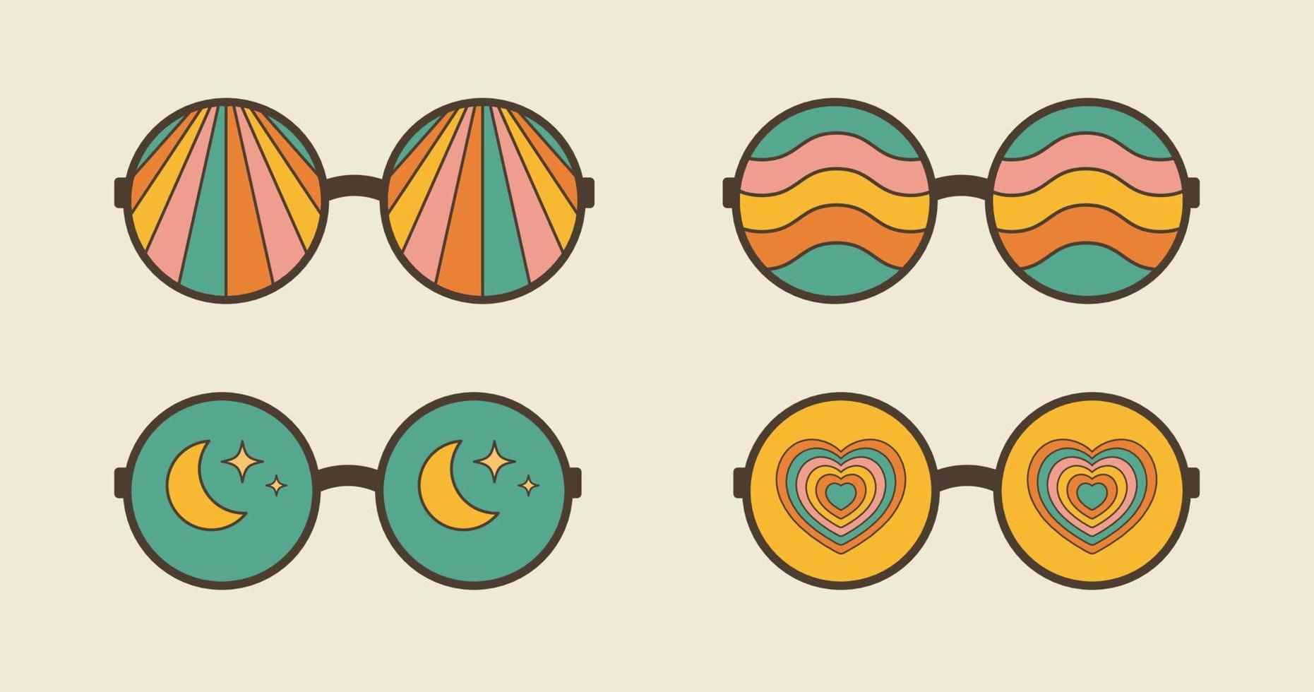 Groovy trippy psychedelic sunglasses set. Retro 70s graphic elements of glasses with rainbow, hearts, moons and waves. Hippie boho style stickers vector