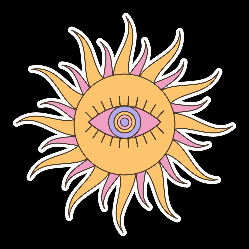 Groovy psychedelic sun sticker with eye. Cartoon hippie print for graphic tee. Abstract trippy art vector