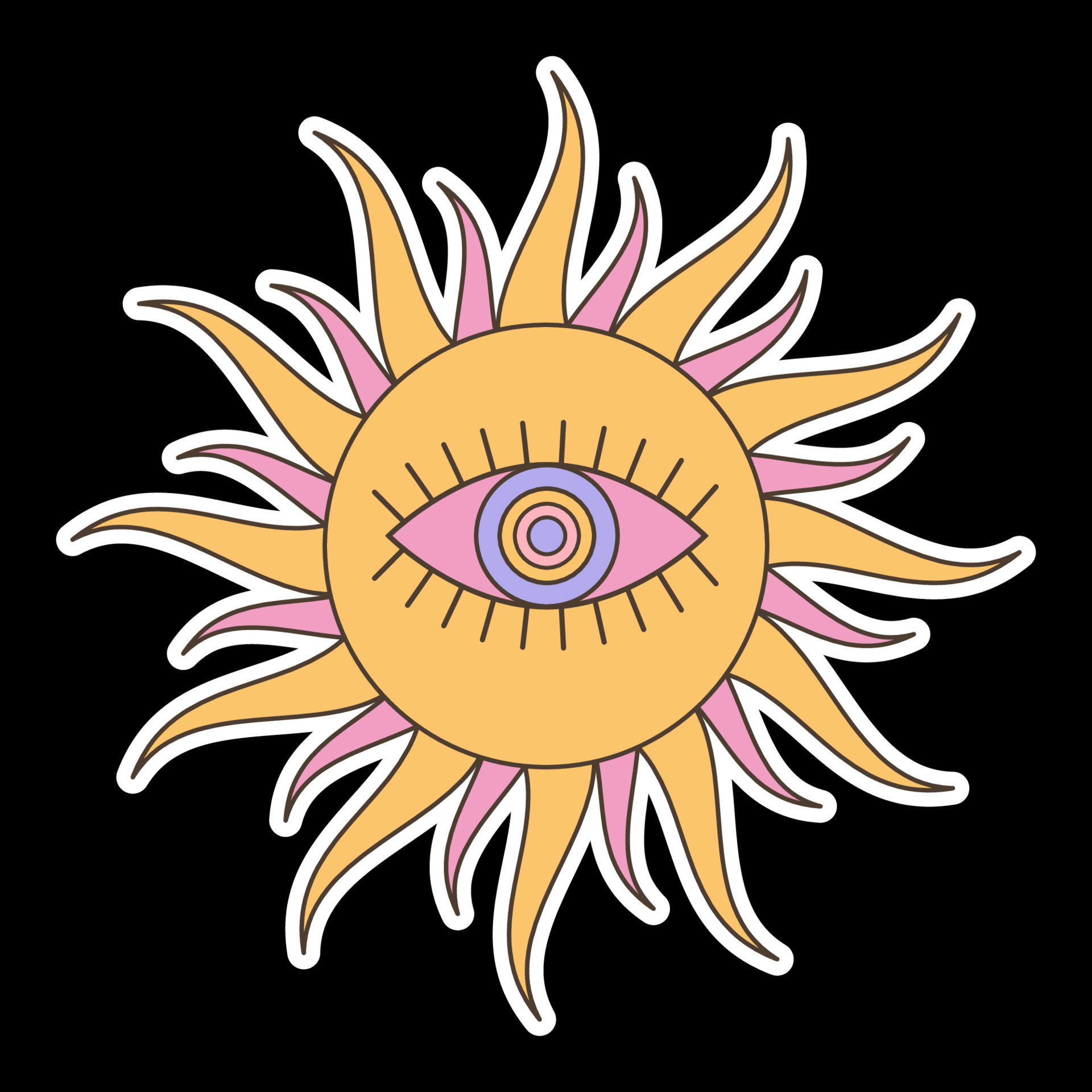 Groovy psychedelic sun sticker with eye. Cartoon hippie print for
