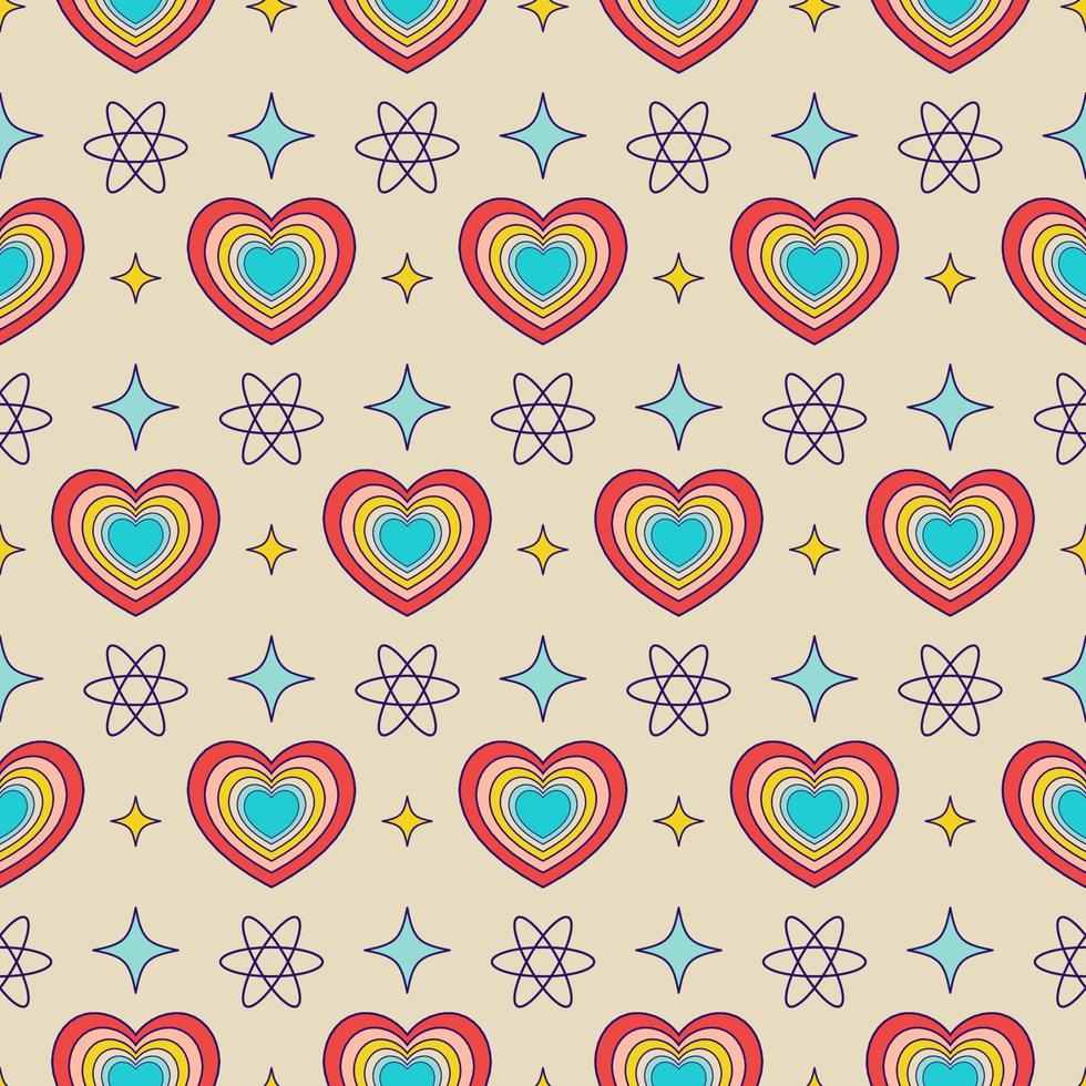 Groovy heart shape seamless pattern. Retro y2k nostalgic 90s square banner on a beige background vector