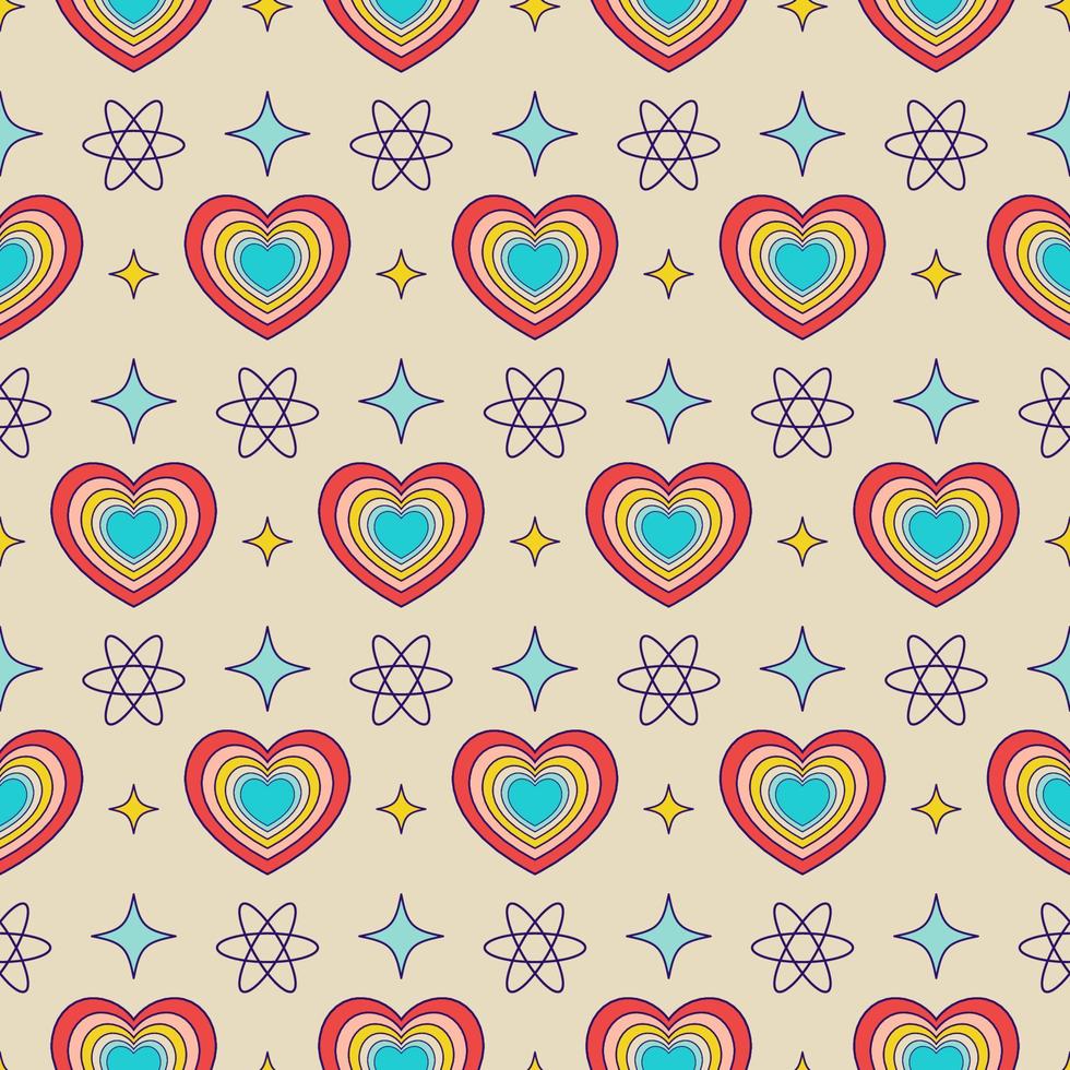 Groovy heart shape seamless pattern. Retro y2k nostalgic 90s square banner on a beige background vector