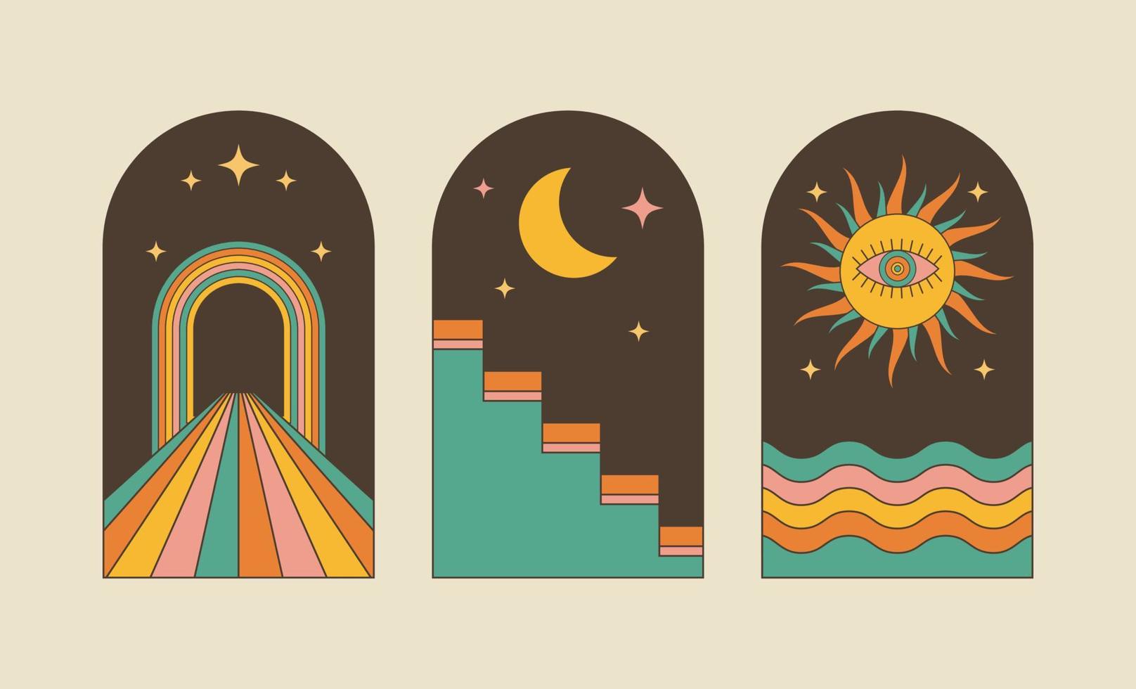 Retro boho arch windows set. Groovy graphic abstract elements. Rainbow, waves, cartoon psychedelic sun, moon, stars. Mid century modern art vector