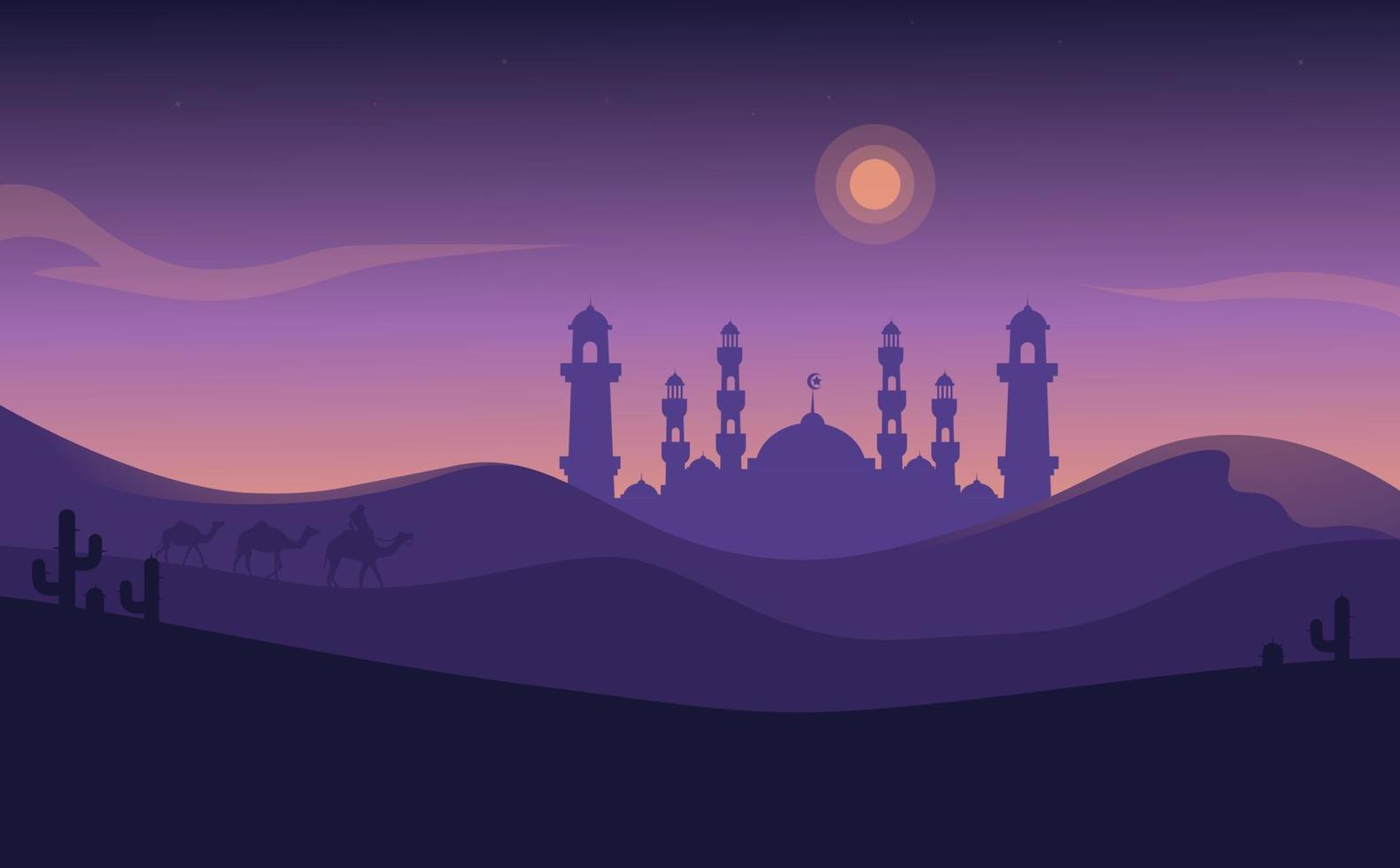 Landscape illustration of final Ramadan kareem with silhouette of mosque in desert vector