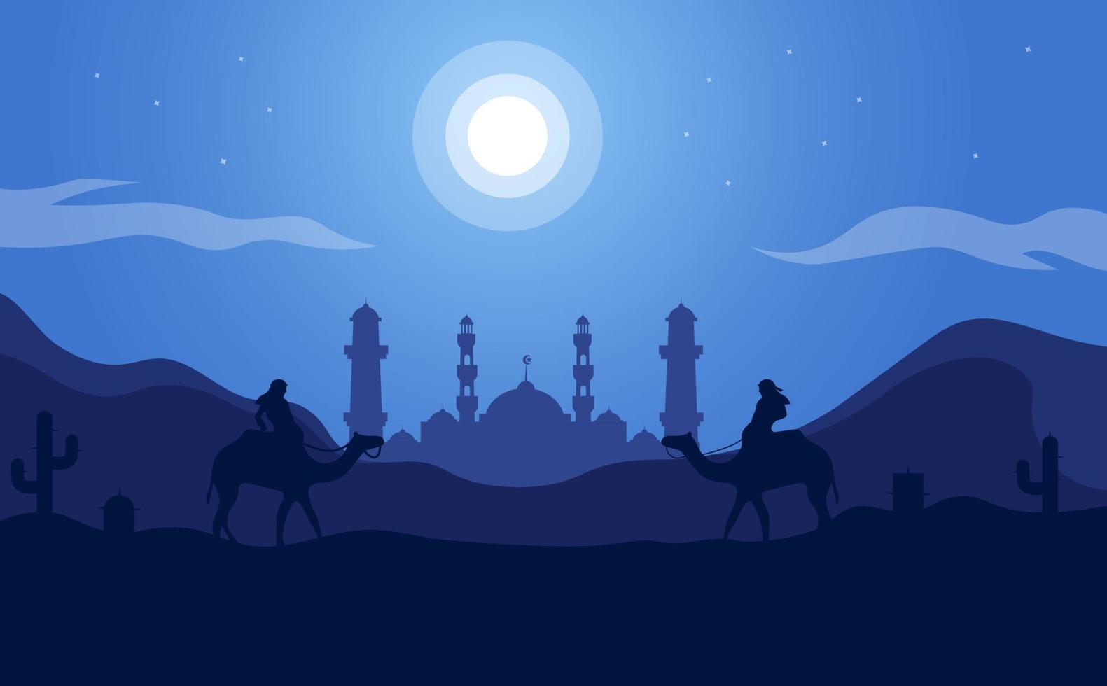 Landscape illustration of Ramadan kareem with silhouette of mosque, camel in desert vector