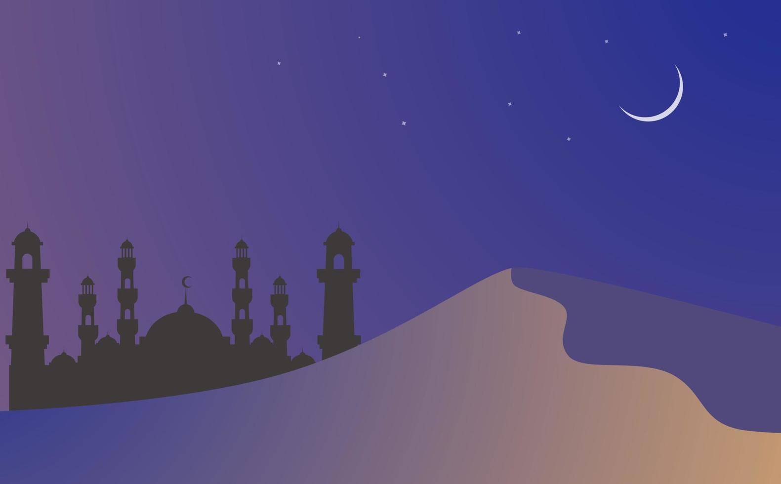 Landscape illustration of awal Ramadan kareem with silhouette of mosque in desert vector