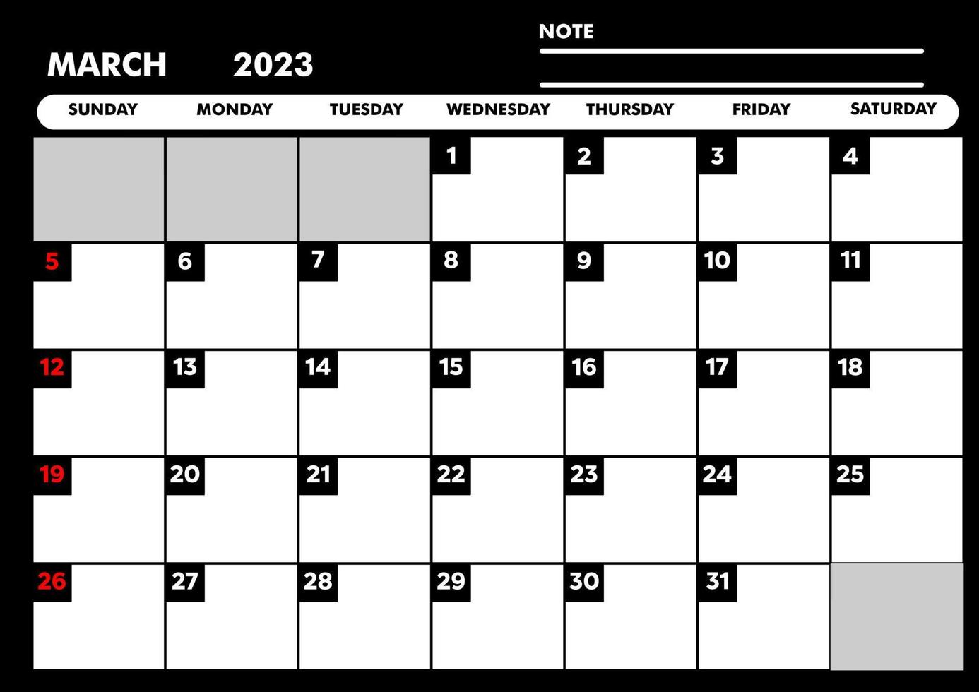 calendario marzo 2023 mes para modo planeo negro a4 vector