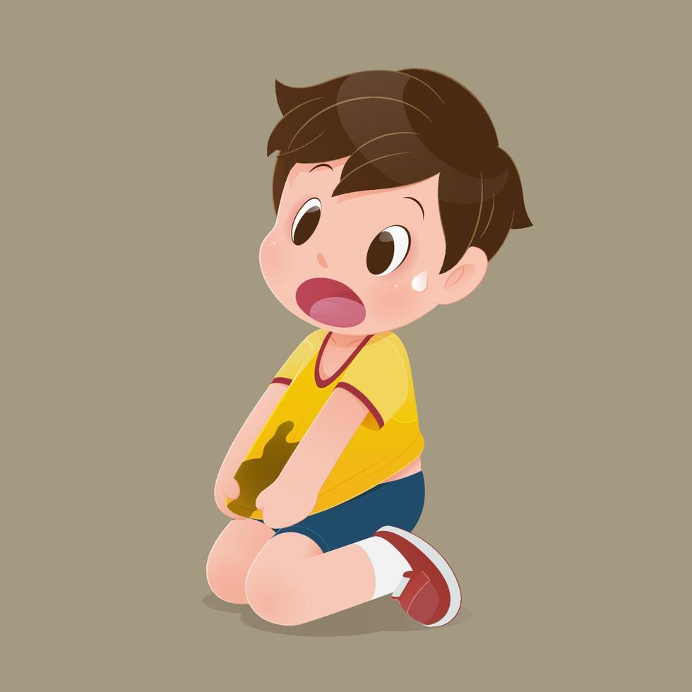 niño pequeño con una camisa amarilla manchada de barro vector
