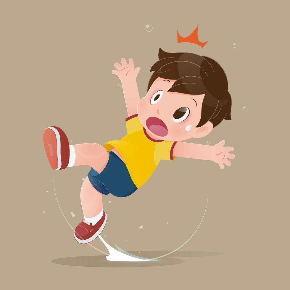 Boy falling on wet floor. vector