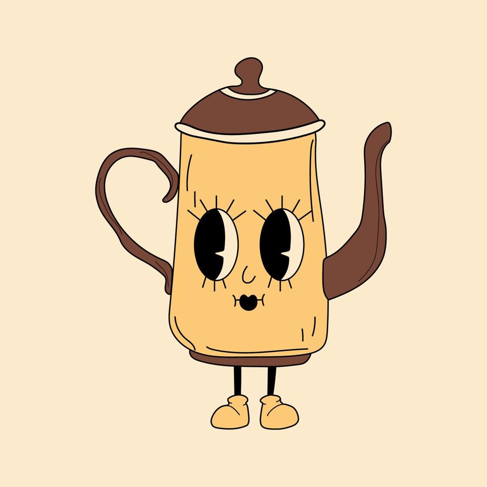 Retro kettle of coffee  30s cartoon mascot character -. 40s, 50s, 60s old animation style. Hand drawn modern Vector illustration . Isolated coffee element