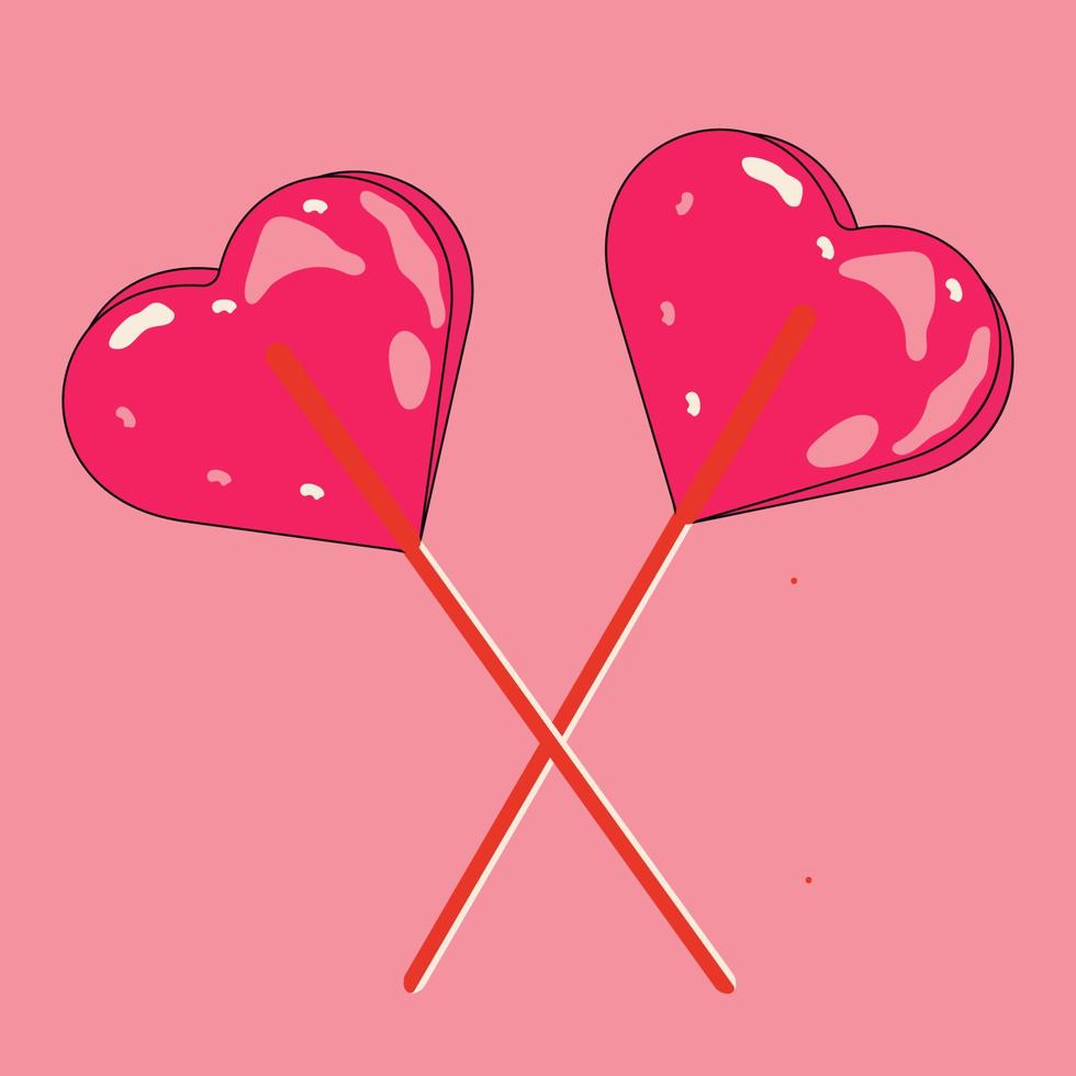 Heart shaped lollipops. Valentine day sweet. Hand drawn vector illustration. Cartoon style.