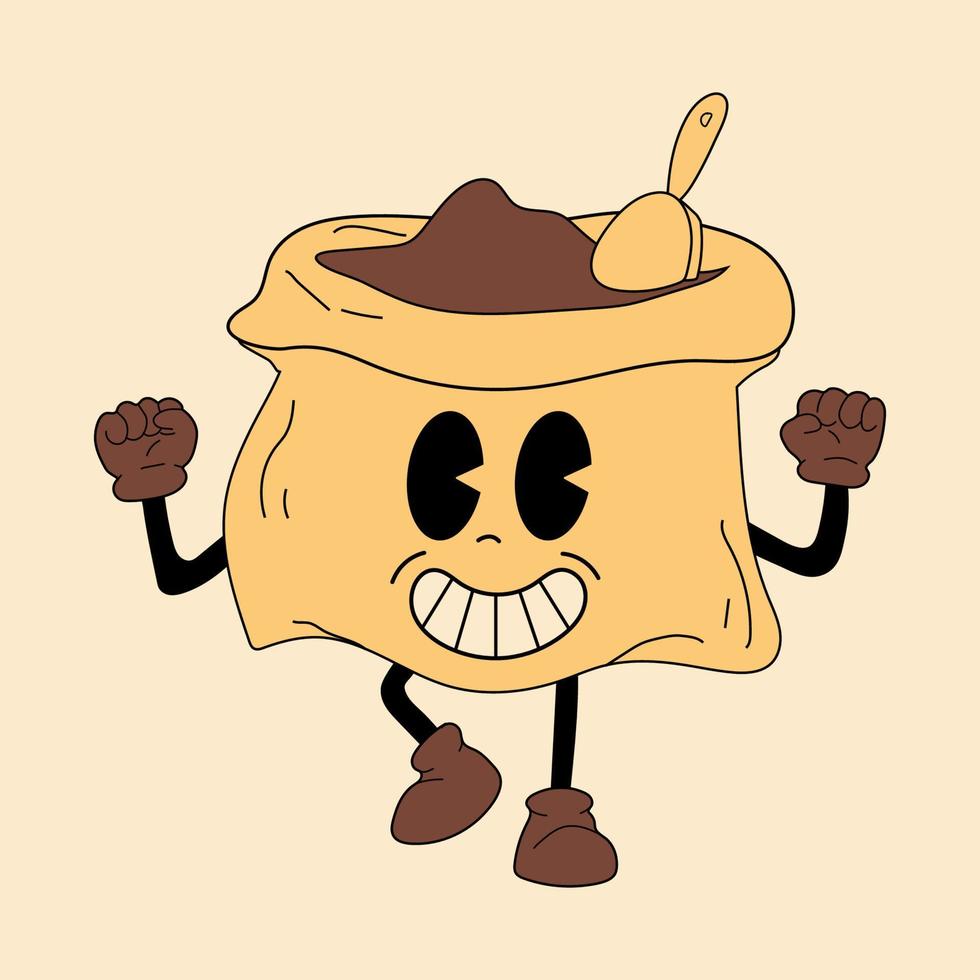 Retro Bag of coffee beans 30s cartoon mascot character -. 40s, 50s, 60s old animation style. Hand drawn modern Vector illustration . Isolated coffee element