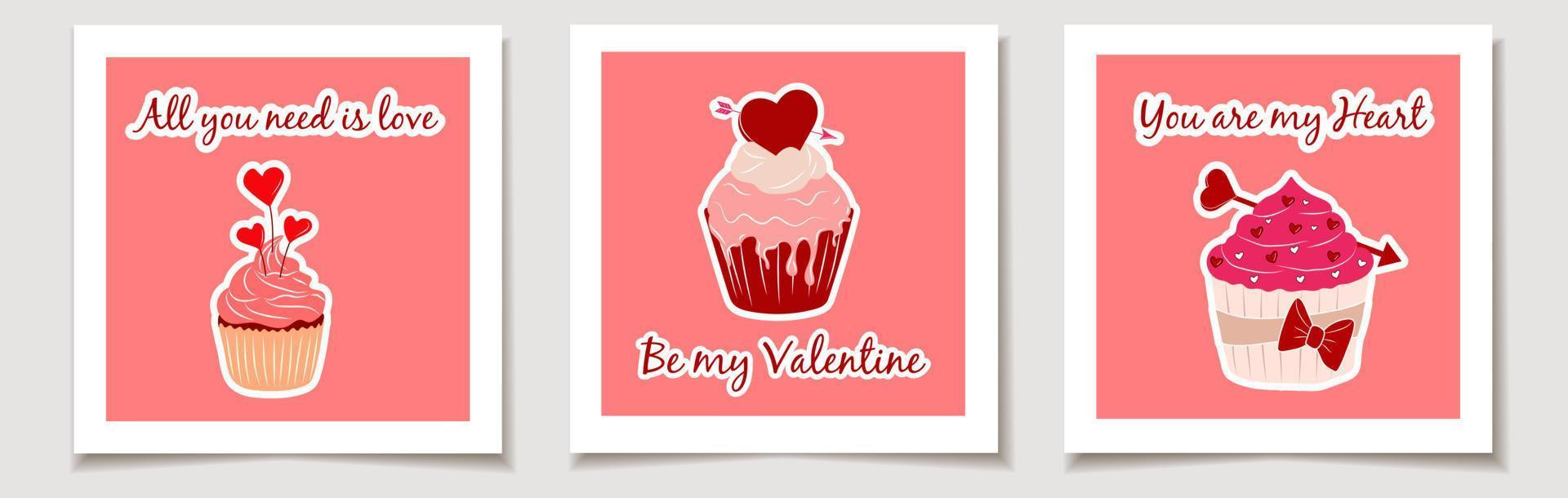 conjunto de tarjetas de san valentín con un conjunto de tres iconos de cupcakes de san valentín con estilo plano. amor, día de san valentín. vector