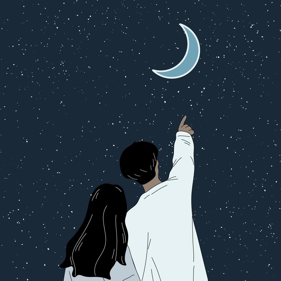 Romantic night couple in love at the sea with full moon and falling stars vector illustration