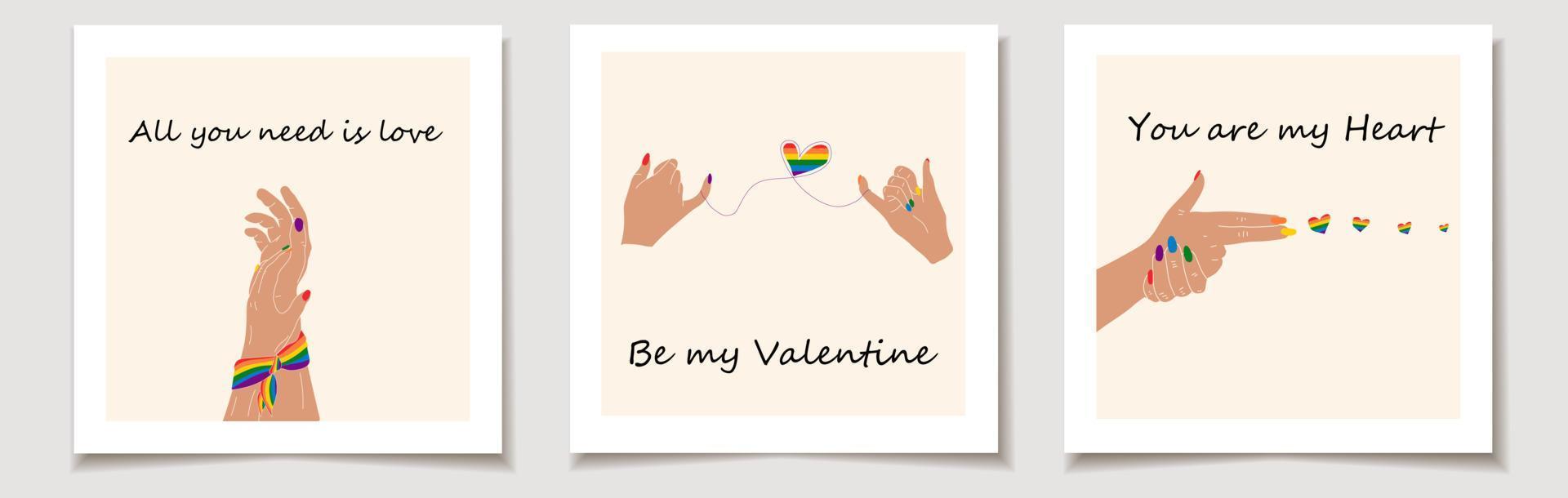 juego de tarjetas de san valentín con un juego de tres manos que muestran el corazón lgbt. amor, día de san valentín. vector