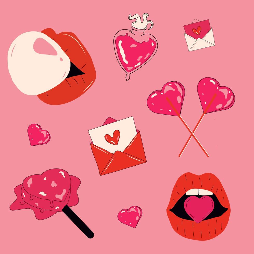 Set of cute vector love stickers for daily planner and diary. Collection of scrapbooking design elements for valentines day. Romantic flat vector icons pack.