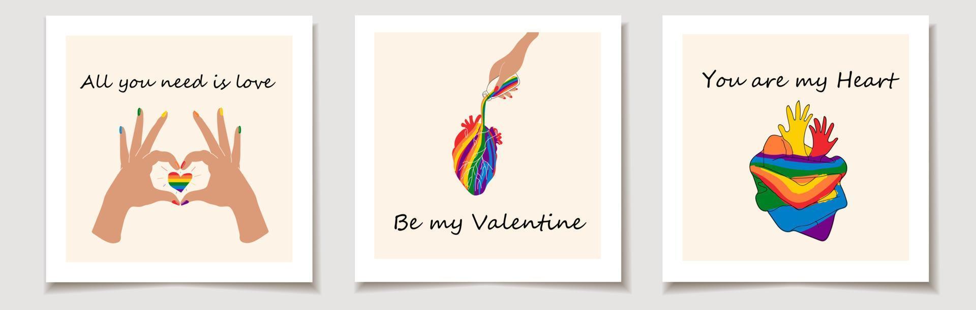 Set of Valentine's day cards with Set of three Hands showing lgbt heart. Love, Valentine's Day. vector