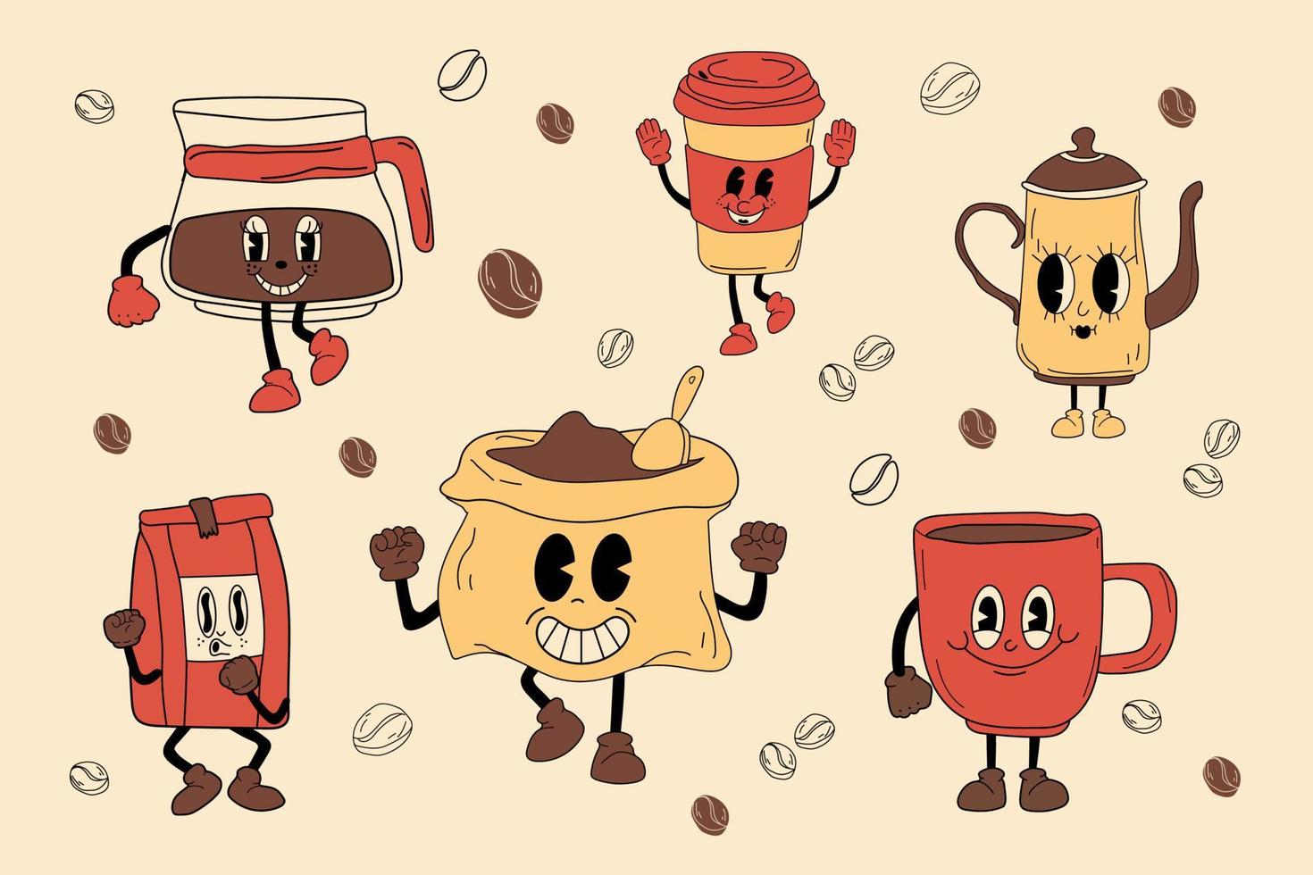 Retro set coffee 30s cartoon mascot character -. 40s, 50s, 60s old animation style. Hand drawn modern Vector illustration . Isolated coffee element