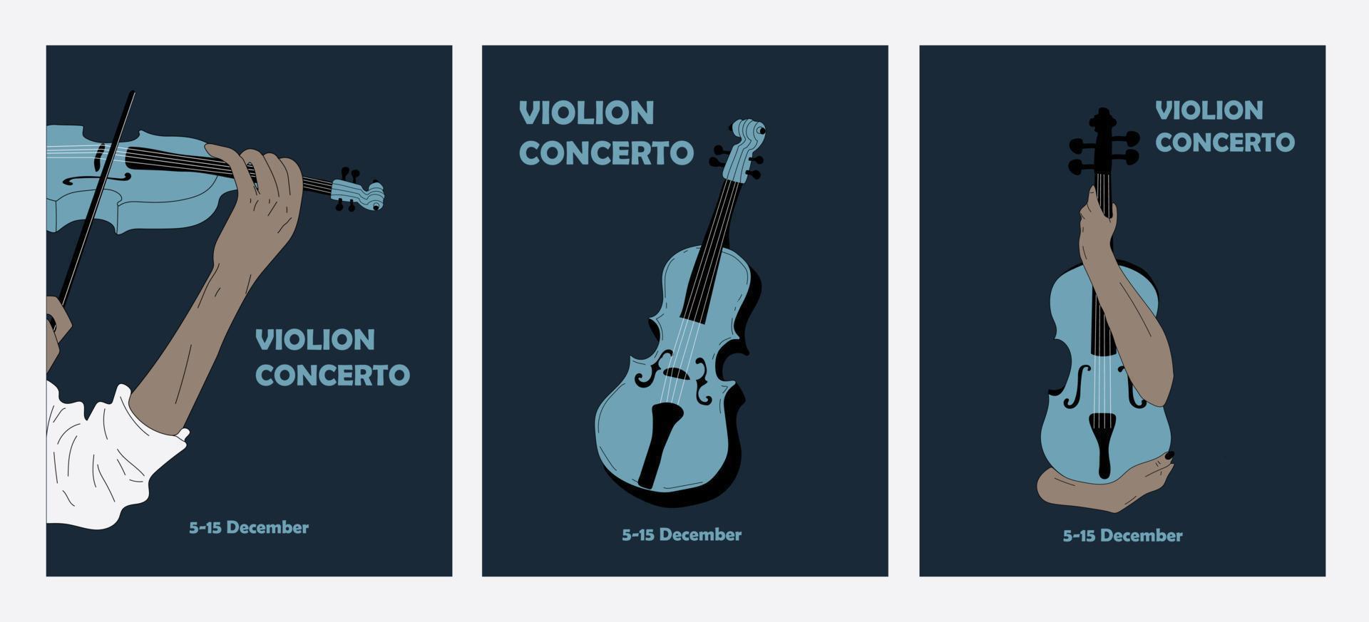 Set of three Poster idea for music event, with symbols of the violin instrument. Banner, flyer, invitation, ticket or advertising banner with abstract violin. Flat vector illustration. Hand drawn styl