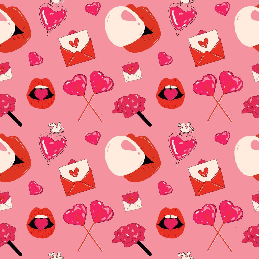 Seamless pattern with Set of cute vector love stickers for daily planner and diary. Collection of scrapbooking design elements for valentines day.