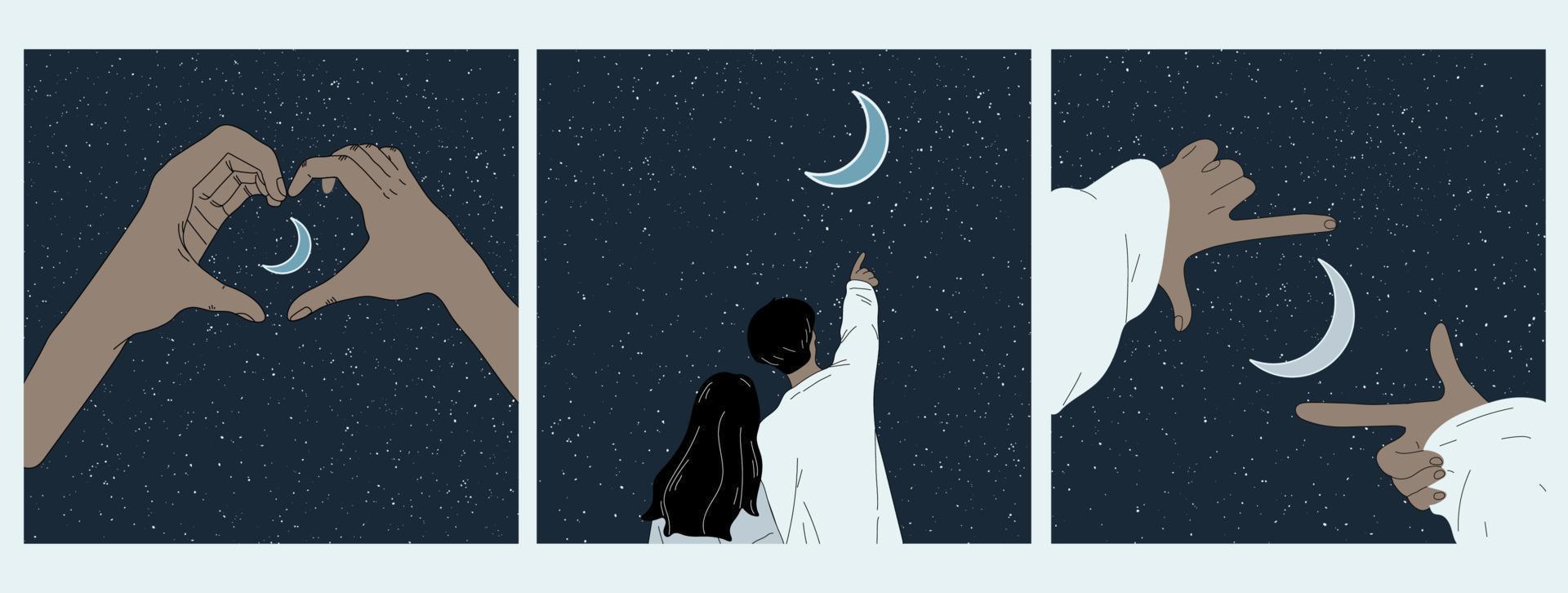 un juego de tres manos muestra el corazón en la noche iluminada por la luna. ilustración de vector romántico con silueta de gesto de mano sobre fondo estrellado. luna en cielo estrellado