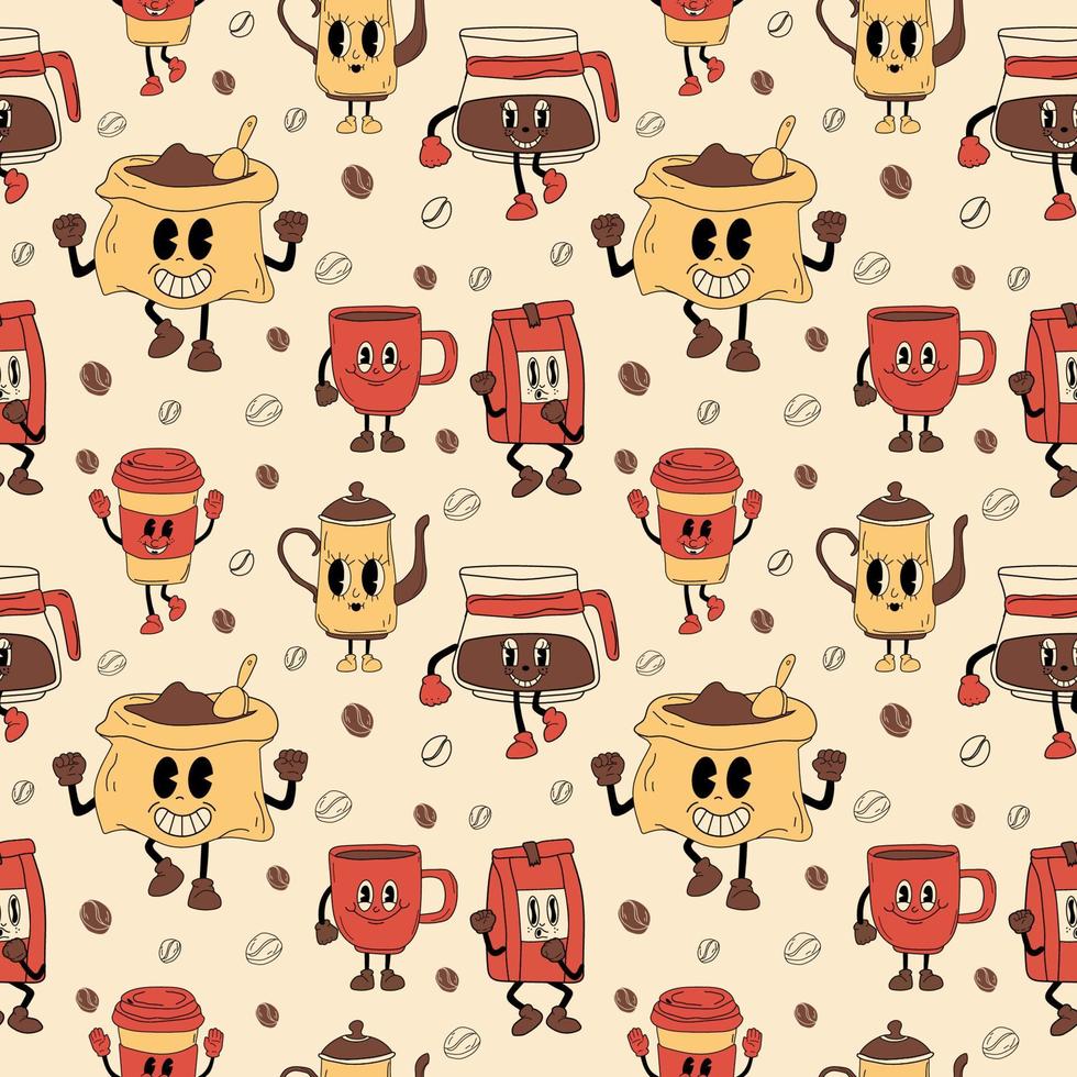 Seamless pattern with set Retro  coffee 30s cartoon mascot character -. 40s, 50s, 60s old animation style. vector