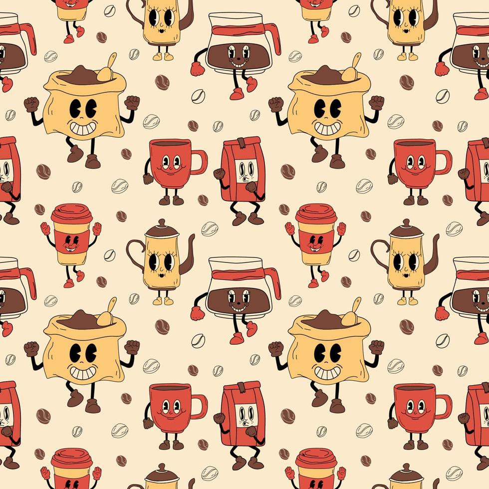 Seamless pattern with set Retro  coffee 30s cartoon mascot character -. 40s, 50s, 60s old animation style. vector