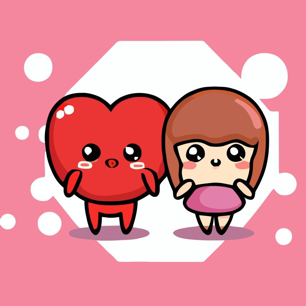 Cute chibi heart couple in love valentine kawaii illustration for valentines day vector