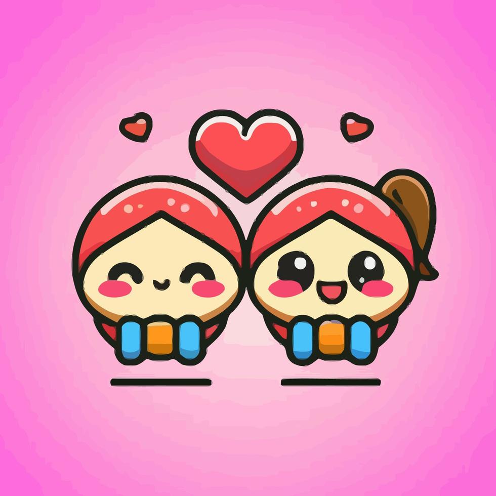 Cute chibi heart couple in love valentine kawaii illustration for valentines day vector