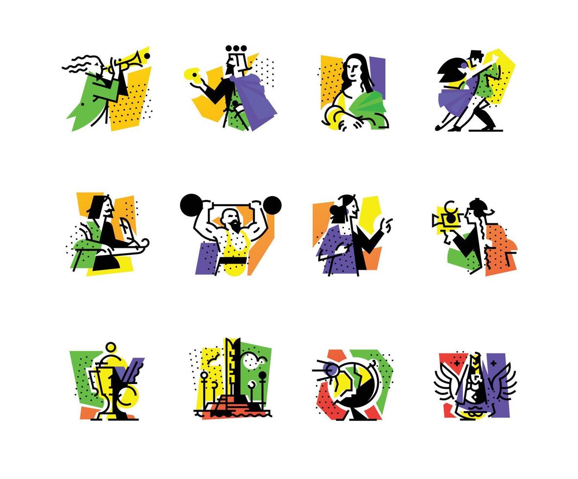 A set of icons on the theme of art forms. Music, choreography, singing, literature, theater, circus. Vector flat illustration. Hobbies of creative people. Icons for the site, banner and print.