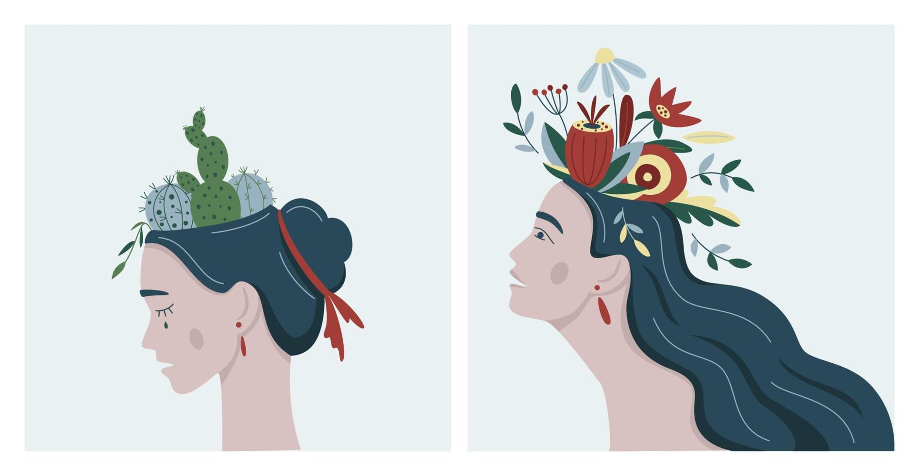 Mental health and illness creative abstract concept. Unhappy and happy woman s heads with cactuses and flowers inside. Set of isolated vector illustrations about psychological problems