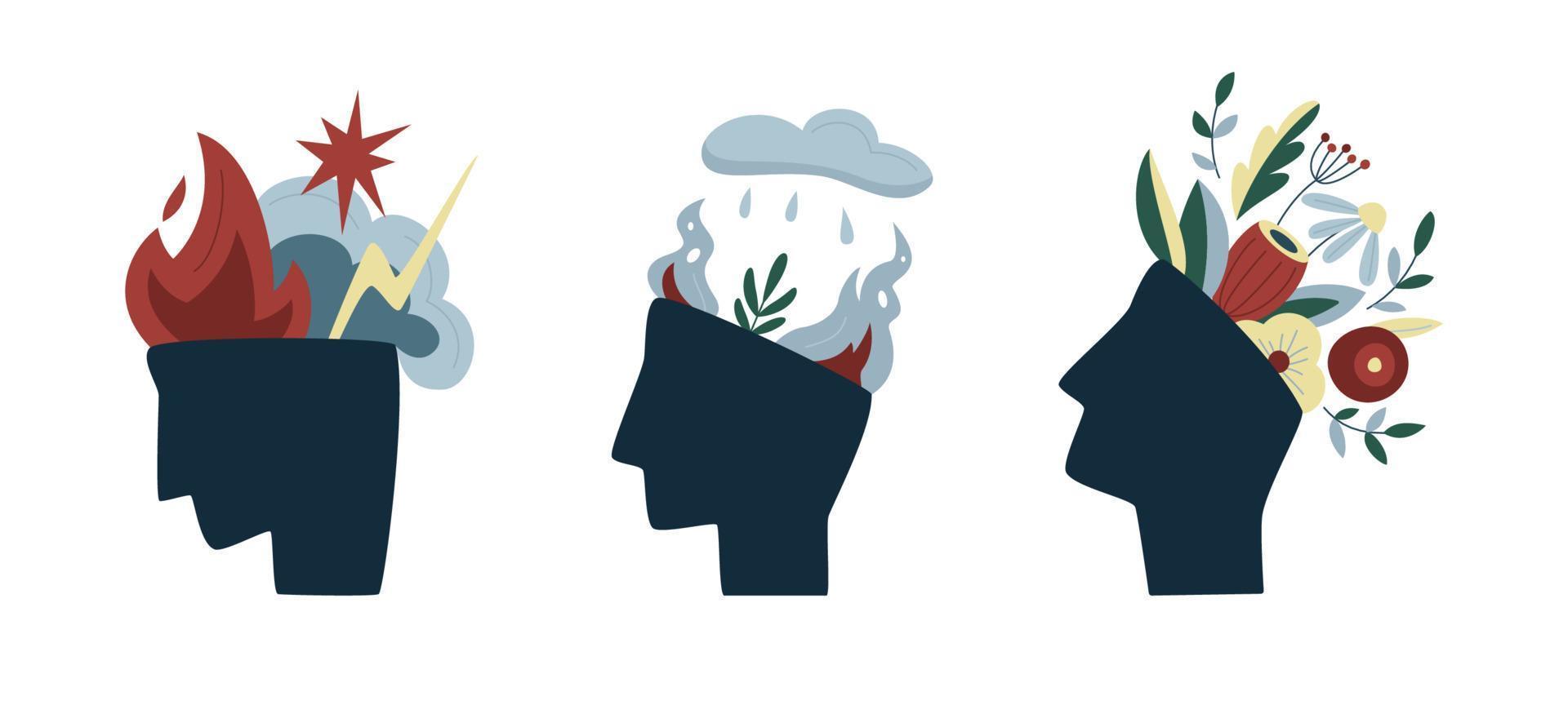 Set of mental states illustrations. Mental health weather concept. Mental disorder, illness and happiness creative abstract concept. Set of isolated vector illustrations about psychological problems