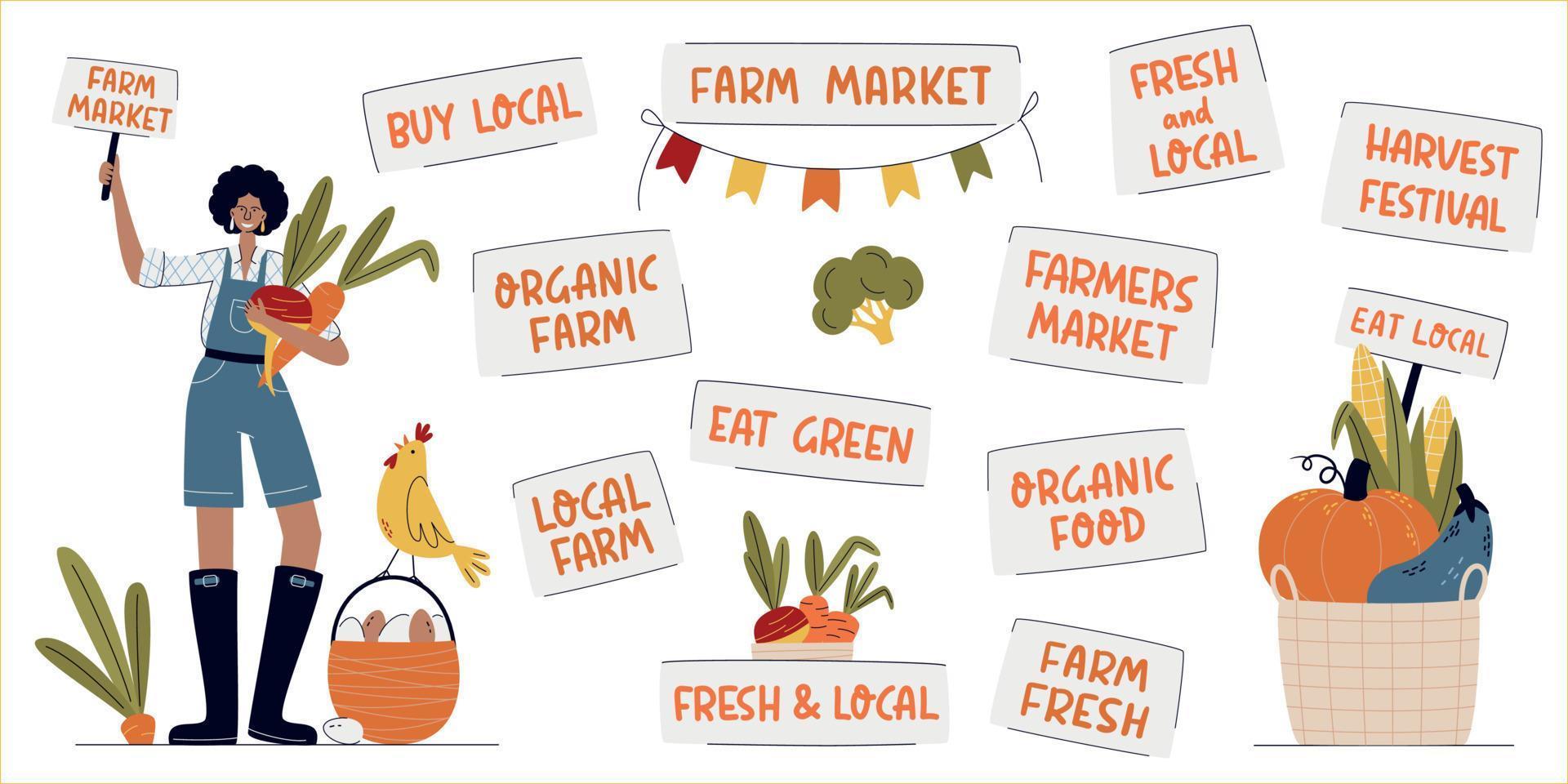 Big set of Farmers Market hand drawn lettering labels, stickers with farmer girl and basket of vegetables. For ads, signboards, packaging and web designs. Farm market, fresh and local, organic farm vector