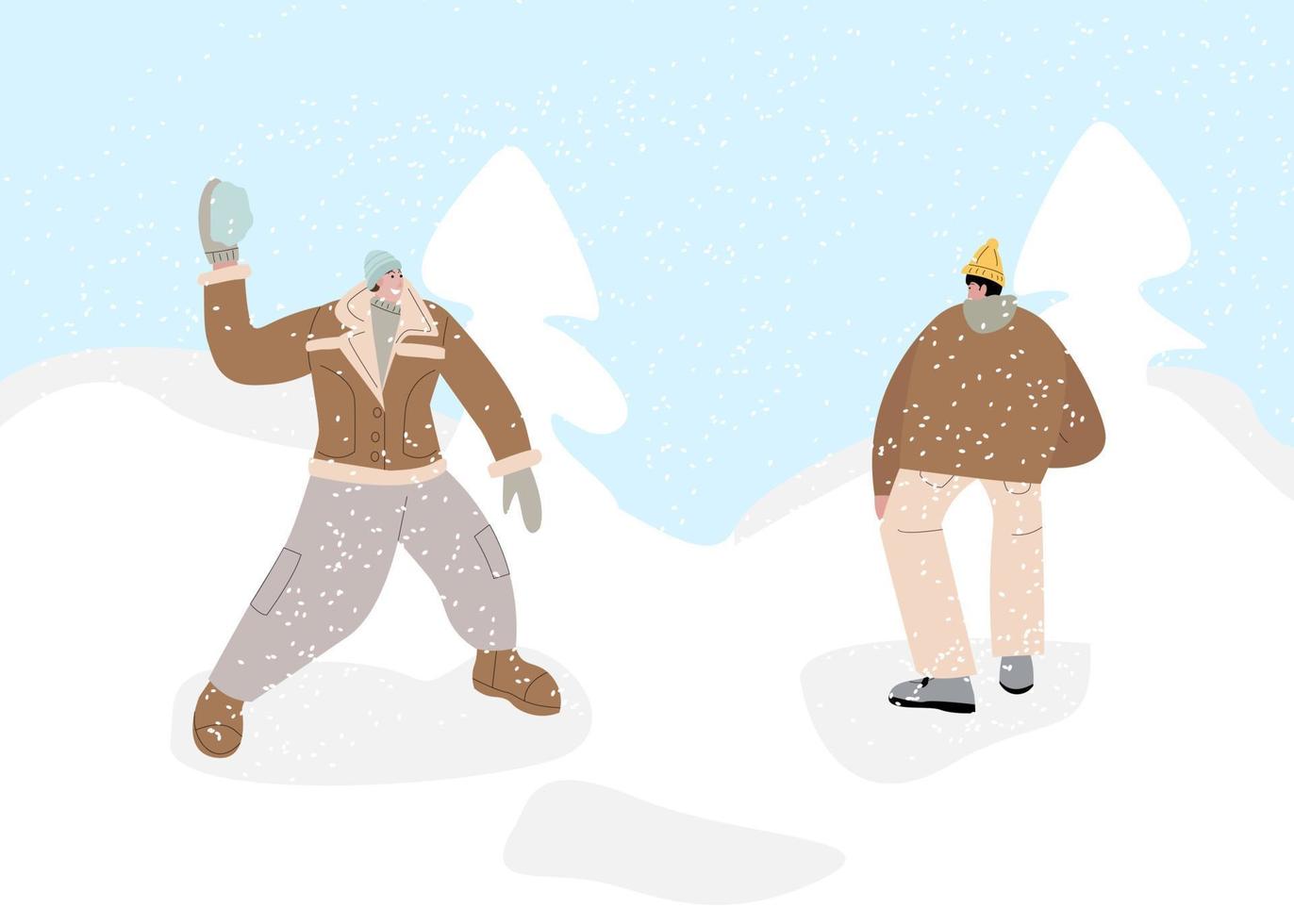 pareja de personas juegan bolas de nieve juego divertido en la ilustración de vector de paisaje de nieve de invierno. personajes de amigos de dibujos animados jugando al aire libre, disfrutando del clima helado. actividad saludable de invierno